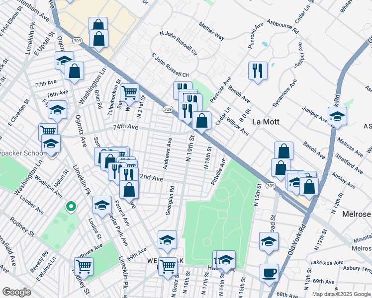 map of restaurants, bars, coffee shops, grocery stores, and more near 1905 Ashley St in Philadelphia