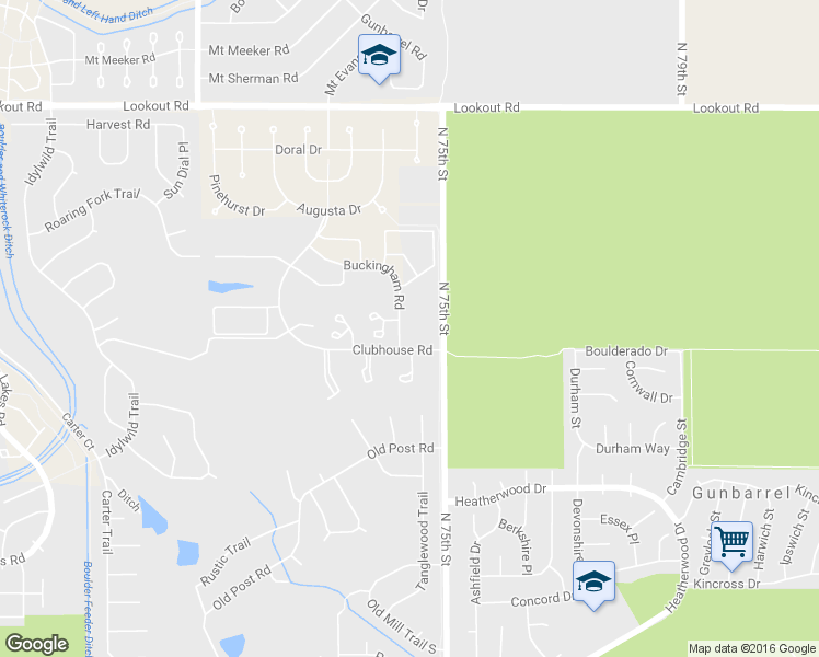 map of restaurants, bars, coffee shops, grocery stores, and more near 5100 Buckingham Road in Boulder