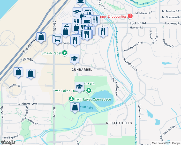 map of restaurants, bars, coffee shops, grocery stores, and more near 5126 Williams Fork Trail in Boulder