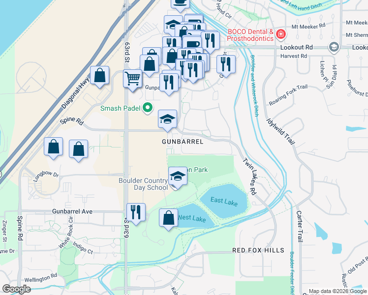 map of restaurants, bars, coffee shops, grocery stores, and more near 5060 Chaparral Court in Boulder