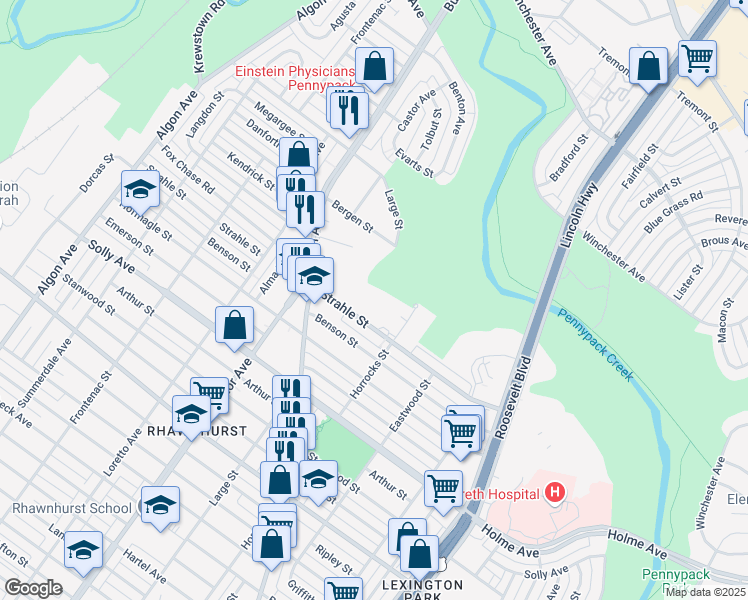 map of restaurants, bars, coffee shops, grocery stores, and more near 2101 Strahle Street in Philadelphia