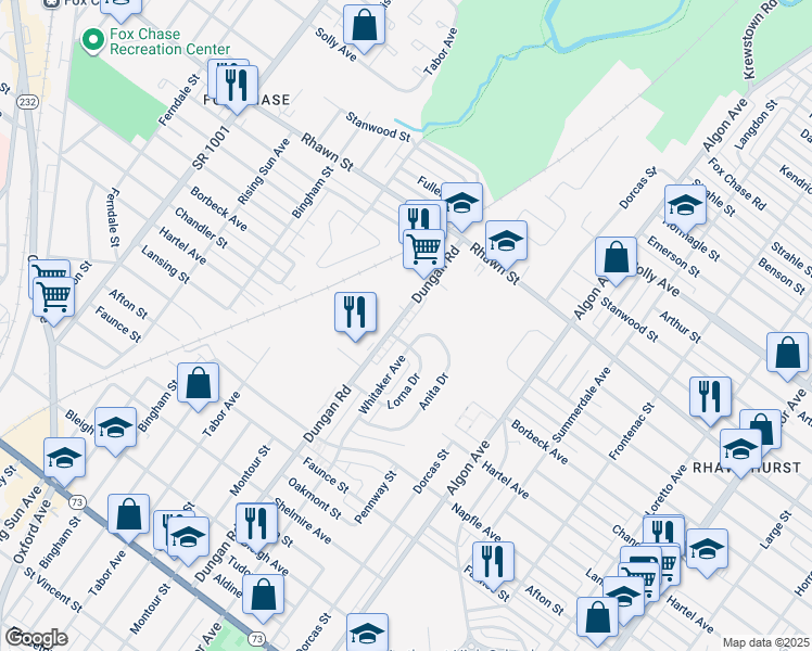 map of restaurants, bars, coffee shops, grocery stores, and more near 7913 Dungan Road in Philadelphia