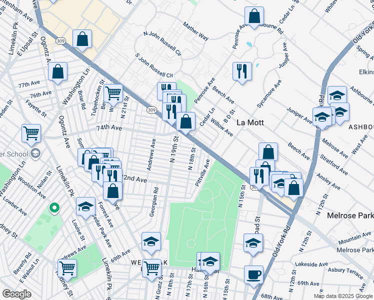 map of restaurants, bars, coffee shops, grocery stores, and more near 1814 Penfield Street in Philadelphia