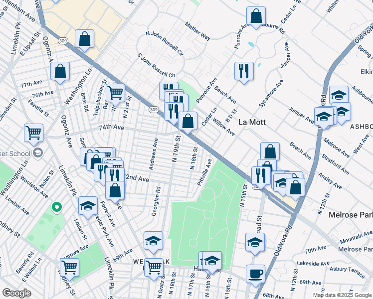 map of restaurants, bars, coffee shops, grocery stores, and more near 1800 West Cheltenham Avenue in Philadelphia