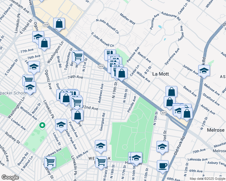 map of restaurants, bars, coffee shops, grocery stores, and more near 7334 North 19th Street in Philadelphia