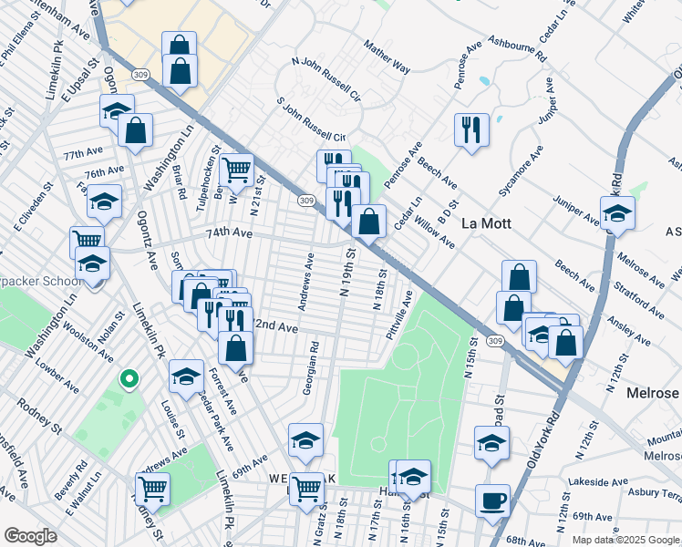map of restaurants, bars, coffee shops, grocery stores, and more near 1905 Ashley St in Philadelphia