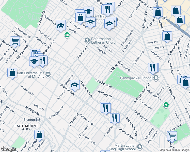 map of restaurants, bars, coffee shops, grocery stores, and more near 1111 East Hortter Street in Philadelphia