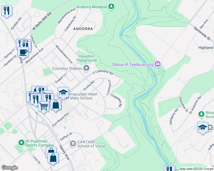 map of restaurants, bars, coffee shops, grocery stores, and more near 912 Inverness Lane in Philadelphia