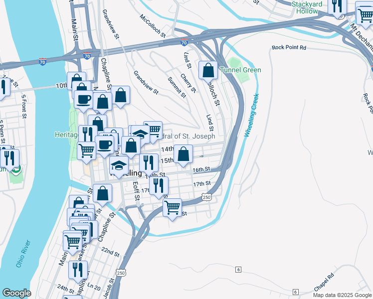 map of restaurants, bars, coffee shops, grocery stores, and more near 1352-1392 Wood Street in Wheeling