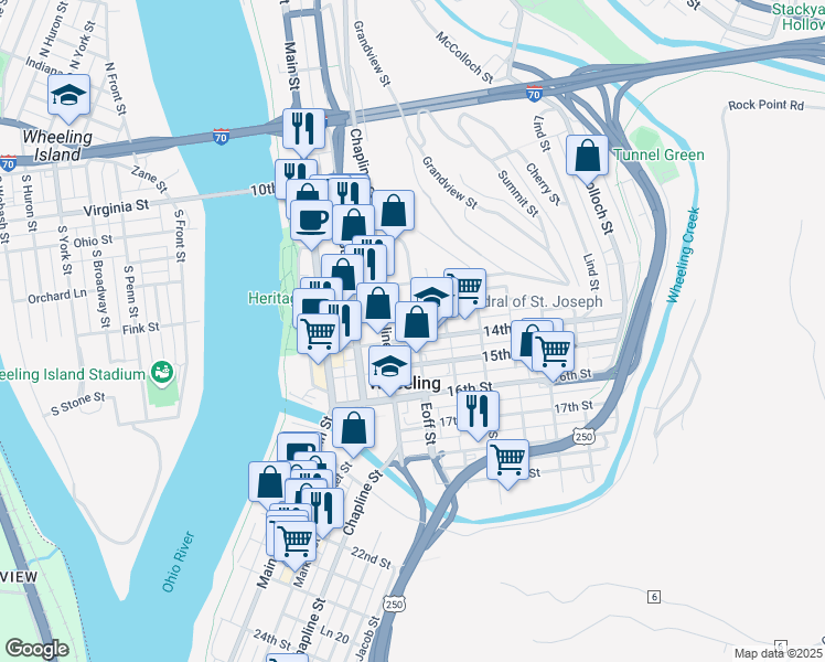 map of restaurants, bars, coffee shops, grocery stores, and more near 1300 Eoff Street in Wheeling