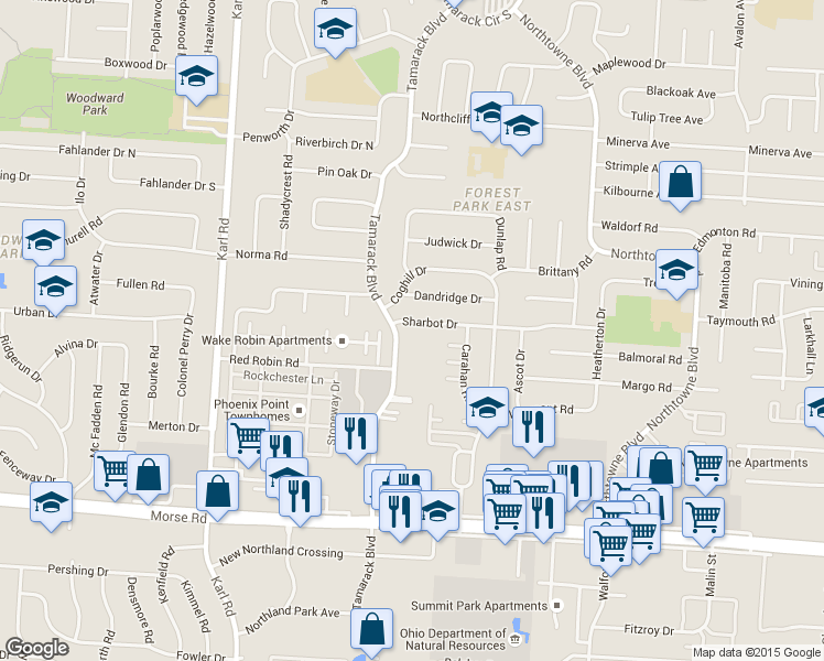 map of restaurants, bars, coffee shops, grocery stores, and more near 1838 Sharbot Drive in Columbus