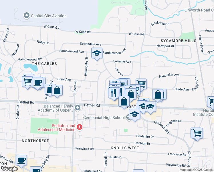 map of restaurants, bars, coffee shops, grocery stores, and more near in Columbus