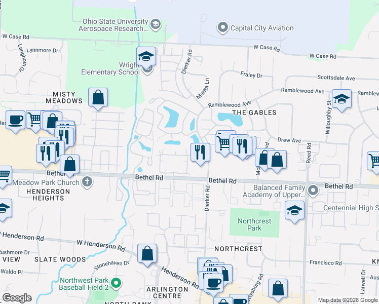 map of restaurants, bars, coffee shops, grocery stores, and more near 2186 Victoria Park Drive in Columbus