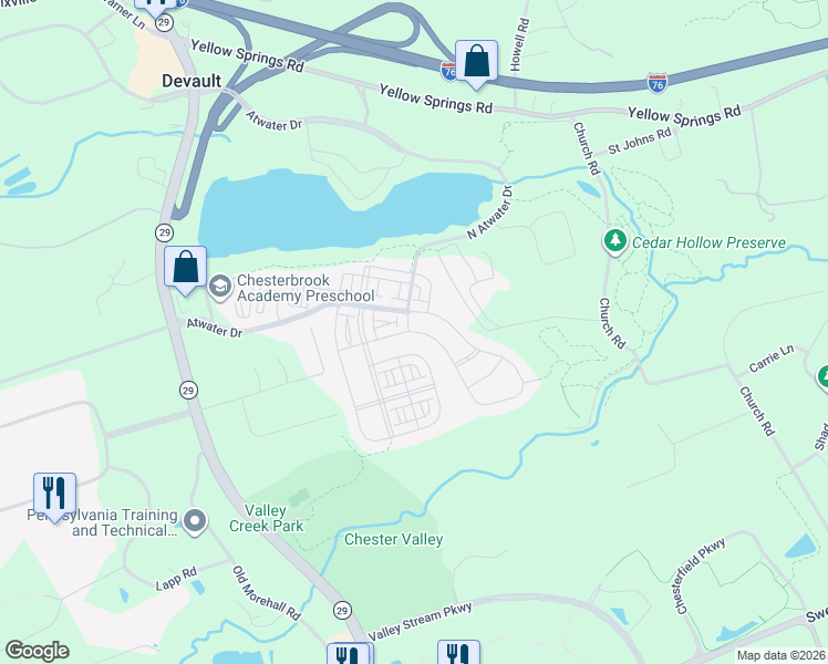 map of restaurants, bars, coffee shops, grocery stores, and more near 610 Stonecliffe Road in Malvern