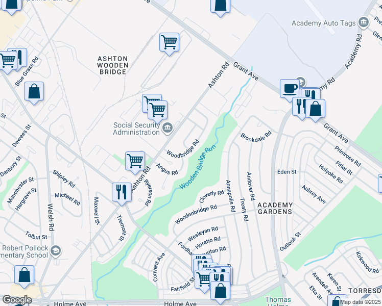 map of restaurants, bars, coffee shops, grocery stores, and more near 9419 Woodbridge Road in Philadelphia