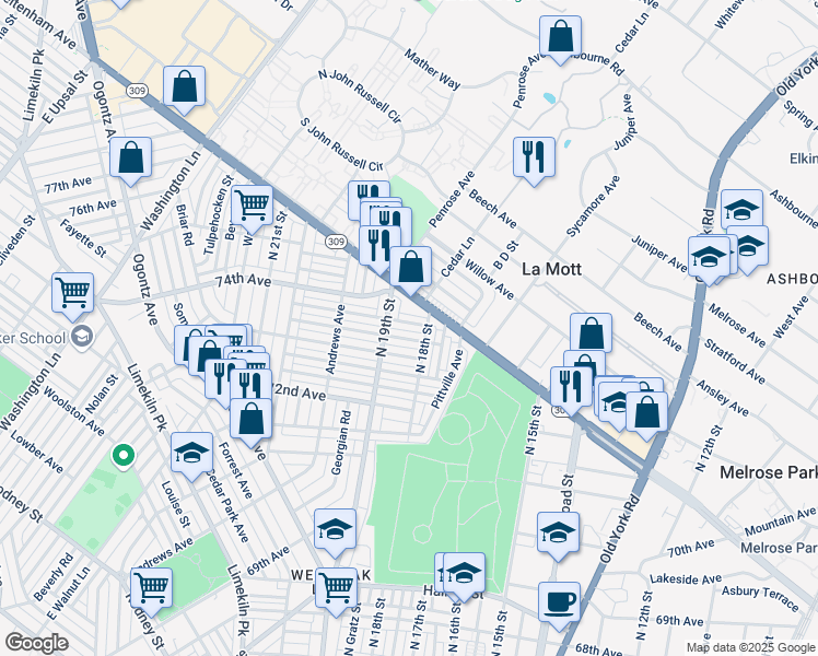 map of restaurants, bars, coffee shops, grocery stores, and more near 1800 West Cheltenham Avenue in Philadelphia