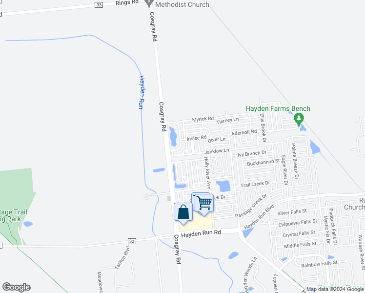 map of restaurants, bars, coffee shops, grocery stores, and more near 6067 Hayden Farms Road in Dublin