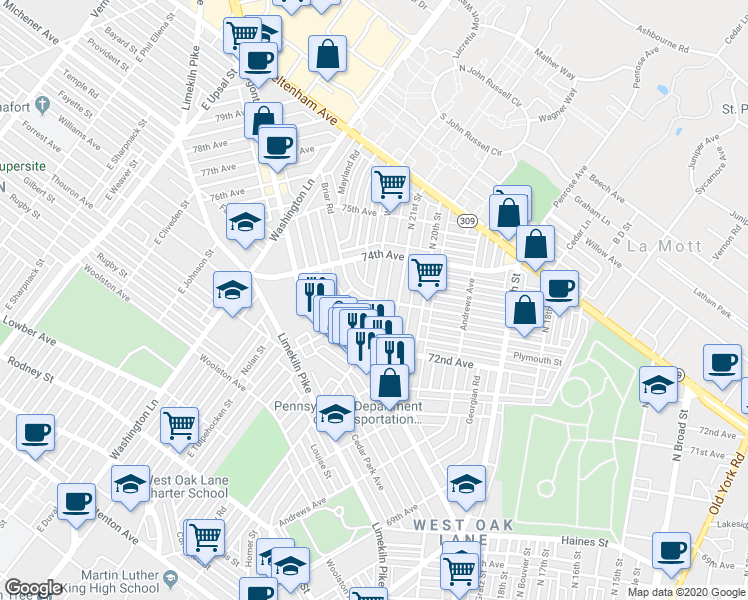 map of restaurants, bars, coffee shops, grocery stores, and more near 2600 73rd Avenue in Philadelphia