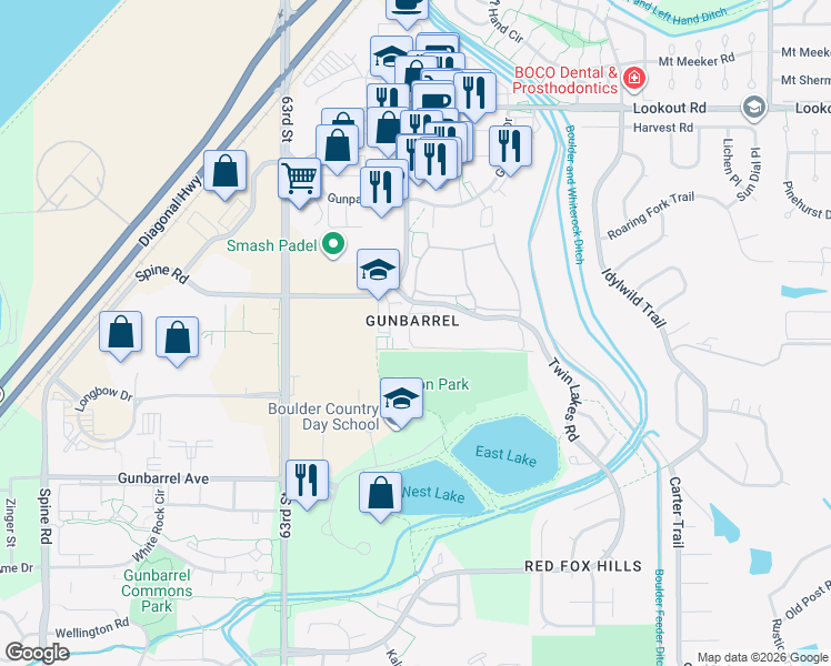 map of restaurants, bars, coffee shops, grocery stores, and more near 5060 Chaparral Court in Boulder