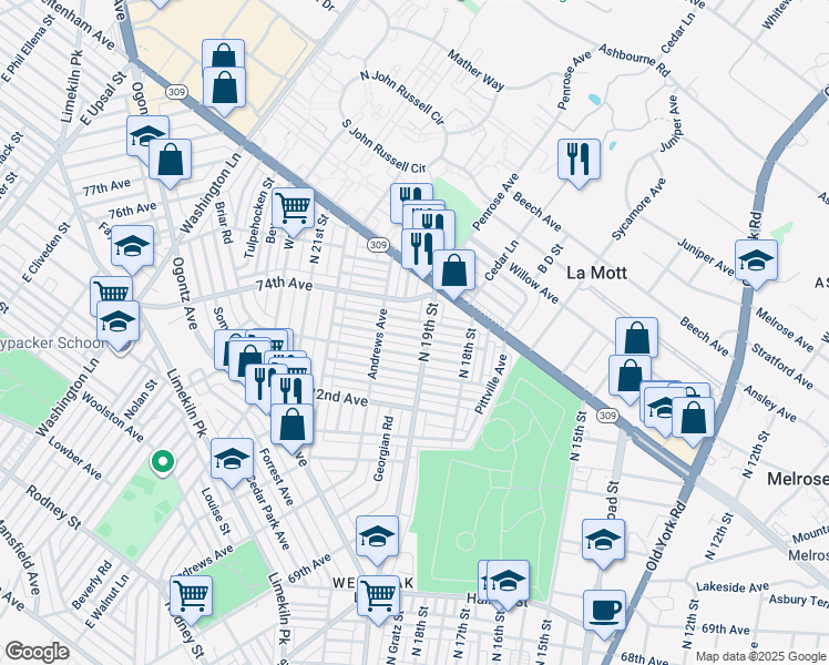 map of restaurants, bars, coffee shops, grocery stores, and more near 1911 Ashley St in Philadelphia