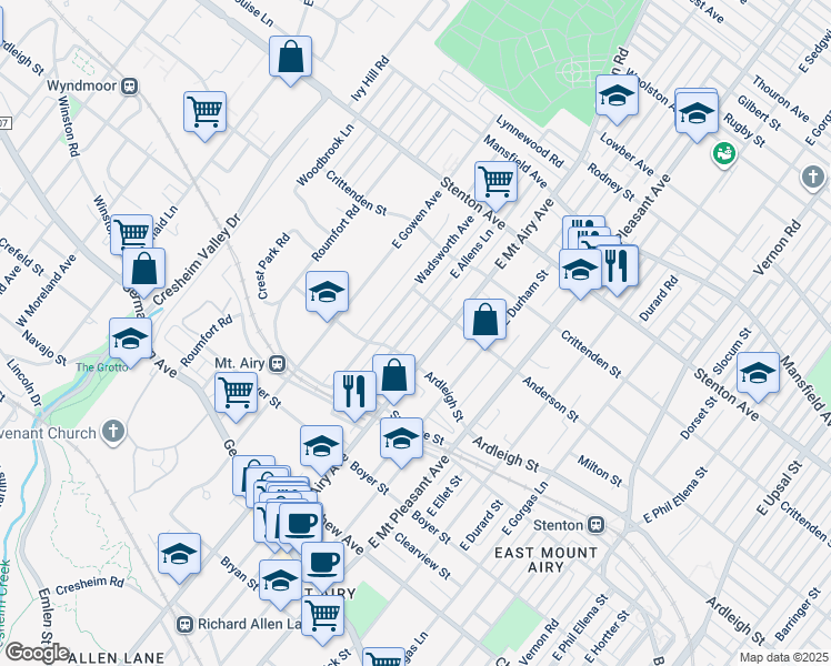 map of restaurants, bars, coffee shops, grocery stores, and more near 416 East Allens Lane in Philadelphia
