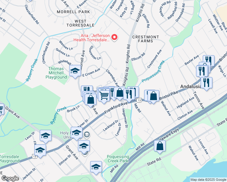 map of restaurants, bars, coffee shops, grocery stores, and more near 9977 Crestmont Avenue in Philadelphia