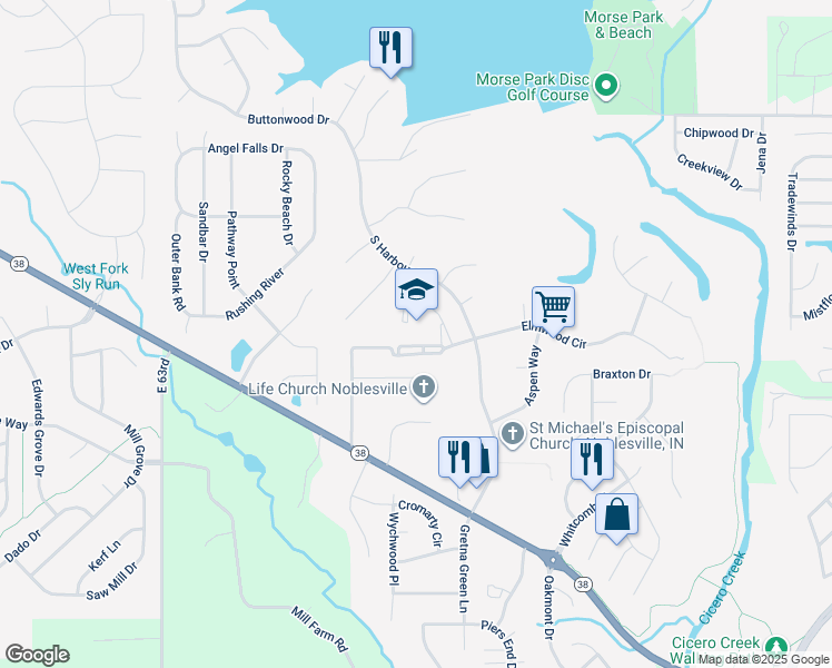 map of restaurants, bars, coffee shops, grocery stores, and more near 595 South Harbour Drive in Noblesville