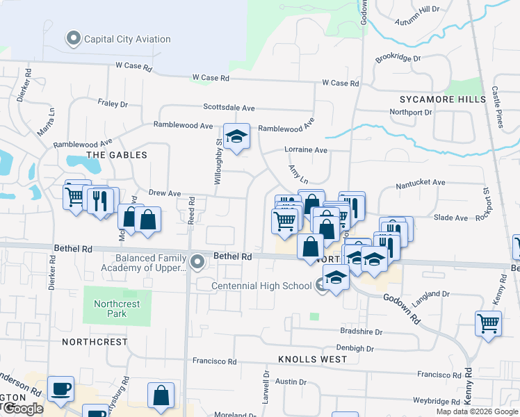 map of restaurants, bars, coffee shops, grocery stores, and more near 5342 Hollister Street in Columbus