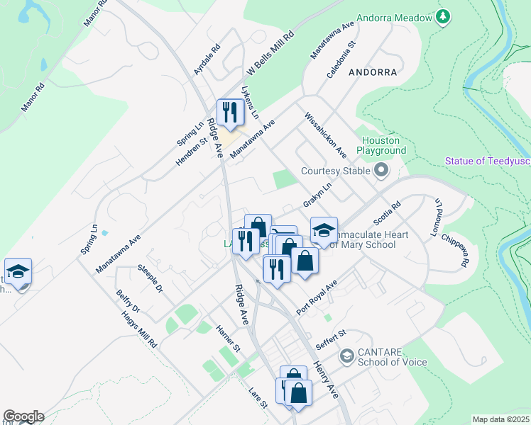 map of restaurants, bars, coffee shops, grocery stores, and more near 720 Grakyn Lane in Philadelphia