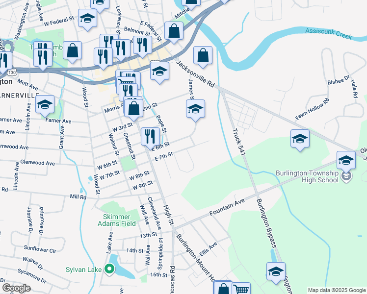 map of restaurants, bars, coffee shops, grocery stores, and more near 131 East 7th Street in Burlington