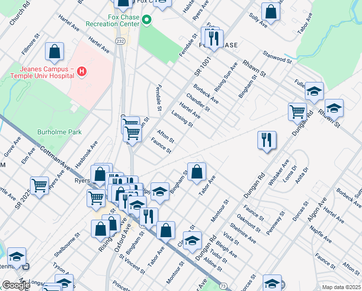 map of restaurants, bars, coffee shops, grocery stores, and more near 7617 Rising Sun Avenue in Philadelphia