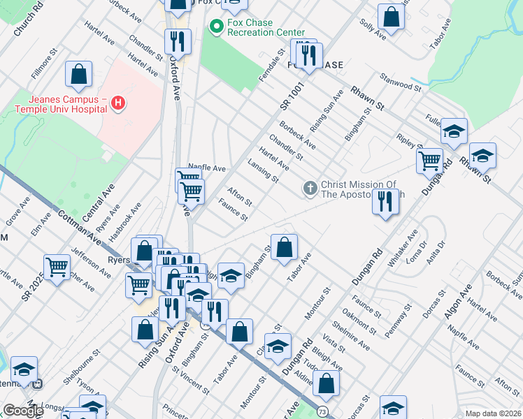 map of restaurants, bars, coffee shops, grocery stores, and more near 7617 Rising Sun Avenue in Philadelphia
