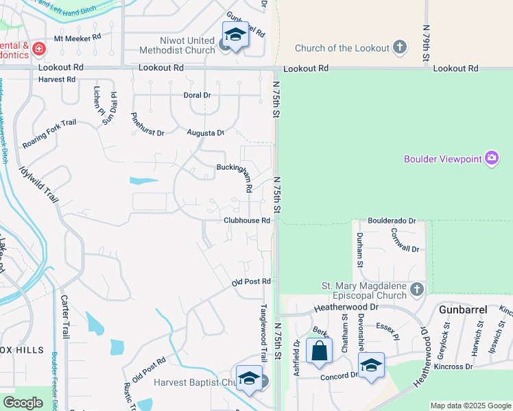 map of restaurants, bars, coffee shops, grocery stores, and more near 5100 Buckingham Road in Boulder