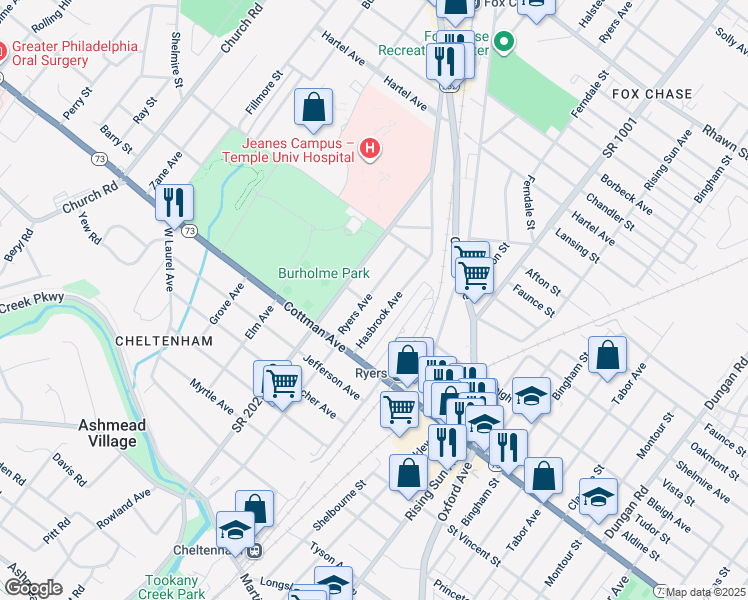 map of restaurants, bars, coffee shops, grocery stores, and more near 7323 Ryers Avenue in Philadelphia