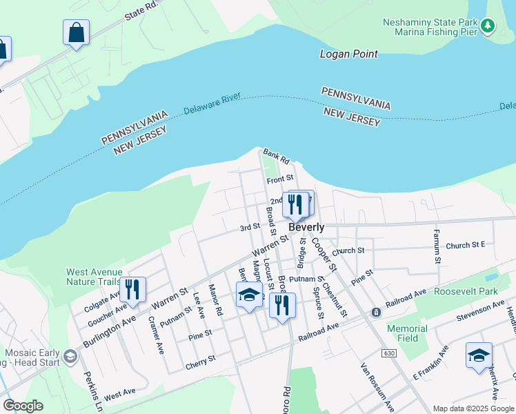 map of restaurants, bars, coffee shops, grocery stores, and more near 504 2nd Street in Beverly