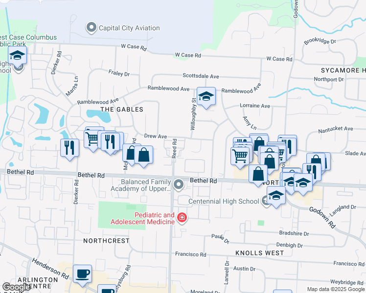 map of restaurants, bars, coffee shops, grocery stores, and more near 5359 Shannon Lane in Columbus