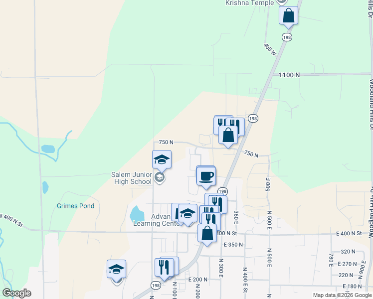 map of restaurants, bars, coffee shops, grocery stores, and more near 743 North 150 East Street in Salem