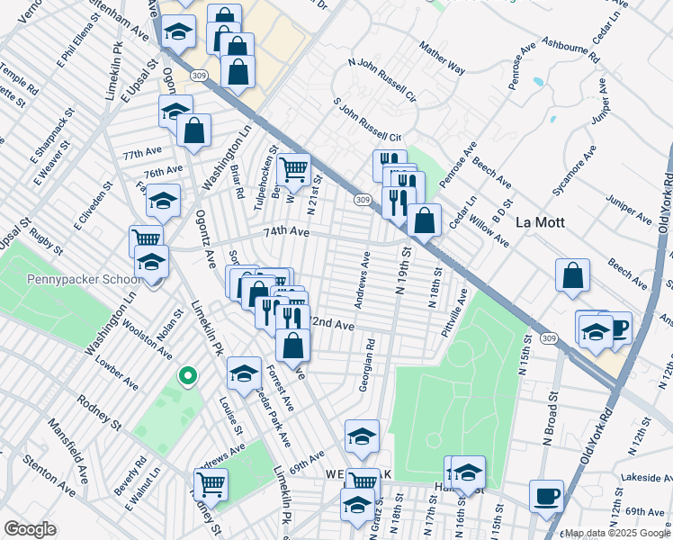 map of restaurants, bars, coffee shops, grocery stores, and more near 1986 Ashley St in Philadelphia