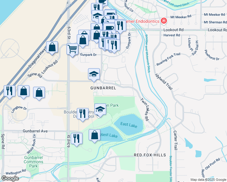 map of restaurants, bars, coffee shops, grocery stores, and more near 5102 Williams Fork Trail in Boulder