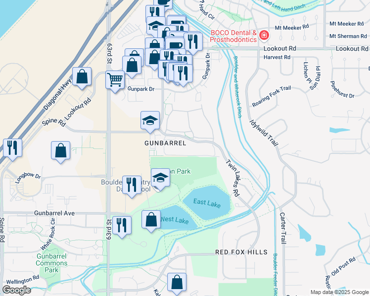 map of restaurants, bars, coffee shops, grocery stores, and more near 5110 Williams Fork Trail in Boulder