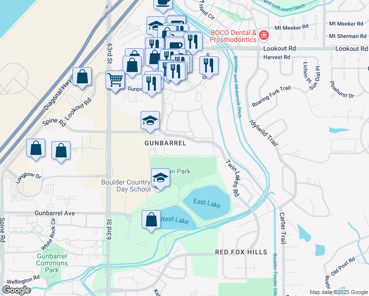 map of restaurants, bars, coffee shops, grocery stores, and more near 5124 Williams Fork Trail in Boulder