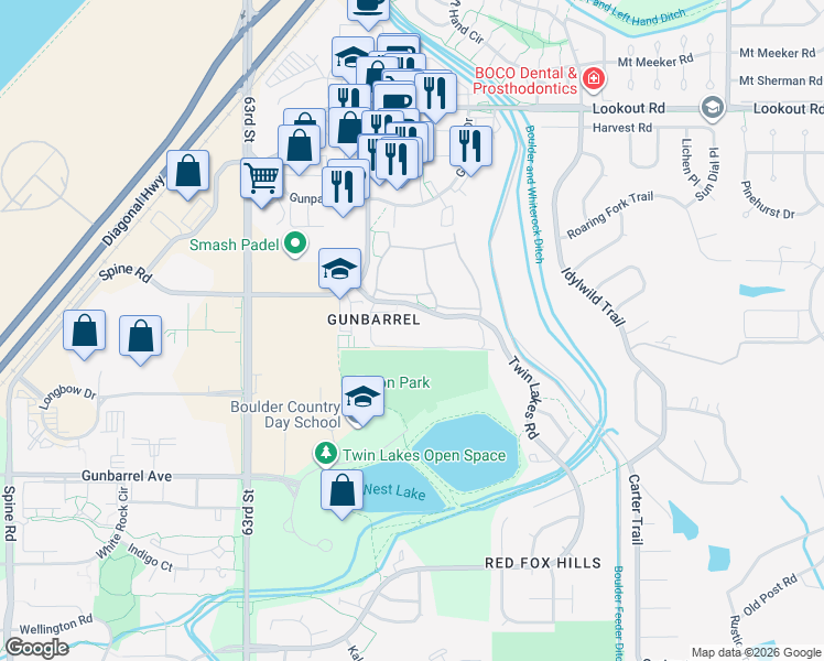 map of restaurants, bars, coffee shops, grocery stores, and more near 5120 Williams Fork Trail in Boulder