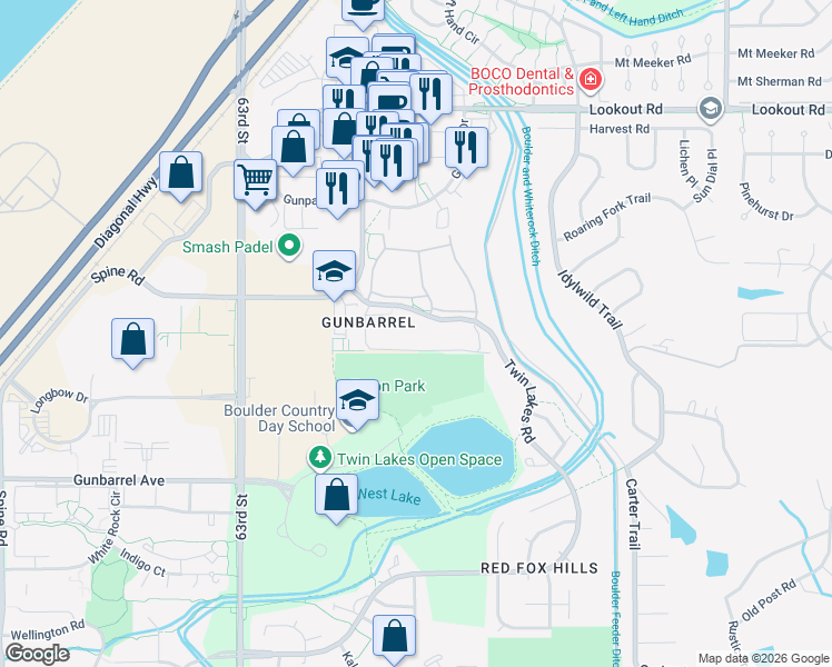 map of restaurants, bars, coffee shops, grocery stores, and more near 5122 Williams Fork Trail in Boulder