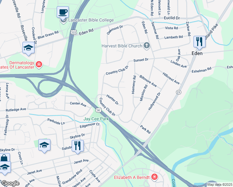 map of restaurants, bars, coffee shops, grocery stores, and more near 1455 Country Club Drive in Lancaster