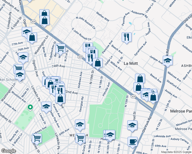 map of restaurants, bars, coffee shops, grocery stores, and more near 1828 Penfield Street in Philadelphia