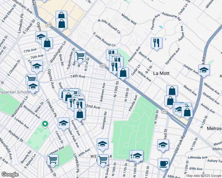 map of restaurants, bars, coffee shops, grocery stores, and more near 1925 Ashley Street in Philadelphia