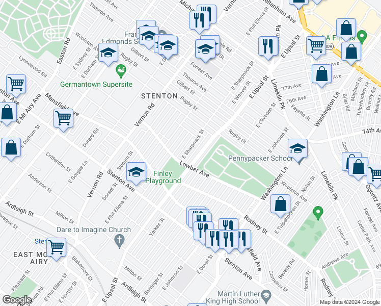 map of restaurants, bars, coffee shops, grocery stores, and more near 1130 East Sharpnack Street in Philadelphia