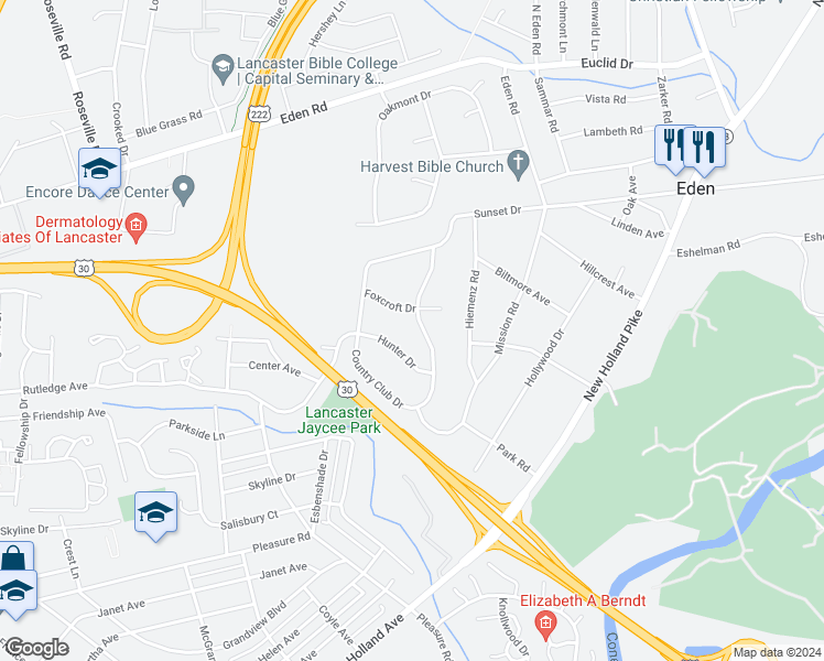 map of restaurants, bars, coffee shops, grocery stores, and more near 1455 Country Club Drive in Lancaster