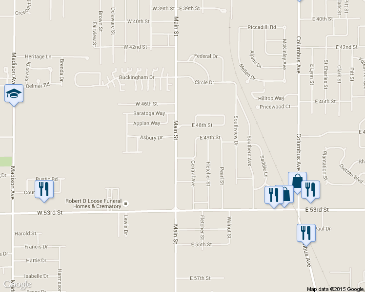 map of restaurants, bars, coffee shops, grocery stores, and more near 4900 Main Street in Anderson