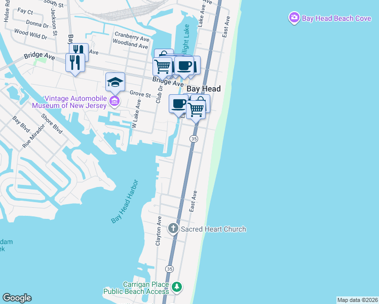 map of restaurants, bars, coffee shops, grocery stores, and more near 567 Main Avenue in Bay Head